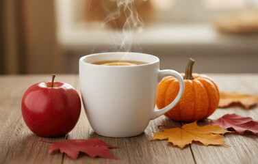 Cup of hot tea with apple and pumpkin on wooden table, cozy autumn still life with steam and fall leaves