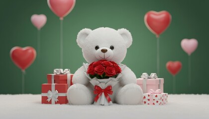 Cute white teddy bear with red roses and gift boxes on soft surface, romantic Valentine's Day decoration with heart balloons