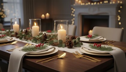 Elegant Christmas Table Setting With Candles, Greenery, And Gold Cutlery For Holiday Dinner Atmosphere Family Gathering