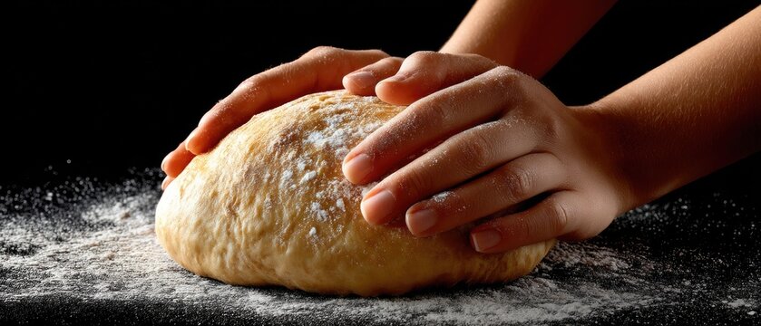 Hands work to knead dough on a floured wood surface, showing the process of preparing to bake fresh bread or pastries