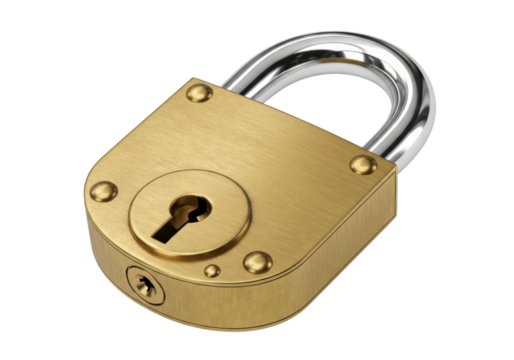 Brass padlock isolated on transparent background, security lock for safety and protection, metal lock with keyhole for privacy and access control