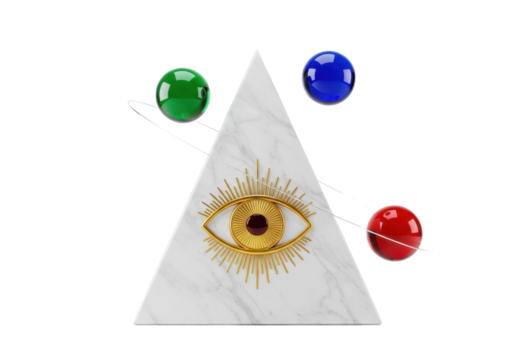 Marble pyramid with golden eye and colorful spheres isolated on transparent background, esoteric symbol for spiritual and mystical concepts