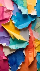 Torn, colorful paper pieces overlapping