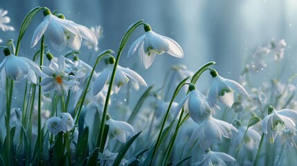 Elegant snowdrops grace a glistening mist-laden field. Action poster. Vibrant floral display amidst embracing mist and subtle snowflakes. Film poster. Blockbuster art.