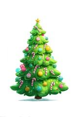 Fototapeta premium Cartoon Christmas tree in bright, joyful colors, decorated with candy canes, balls, and a star, isolated on a white background