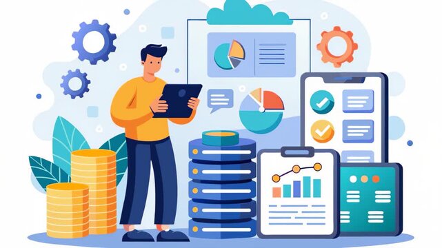 Man Analyzing Stacks of Data, A man maintenance big data applications via smartphone, data processing software, database management, Simple and minimalist flat 2d Animation