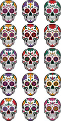 Mexican 15 skull colors set ornament Dia de muertos illustration, Vintage colorful mexican sugar skulls collection