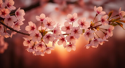 Fototapeta premium Soft focus close up of delicate pink cherry blossoms at sunset