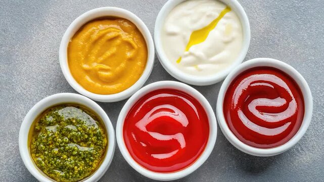 Four small bowls containing various condiments on a table