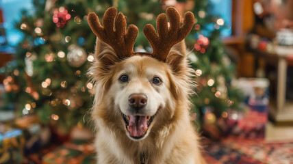 A cheerful dog adorned with cute reindeer antlers, playfully posing in front of a beautifully decorated Christmas tree. 