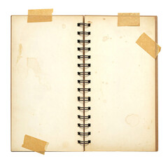 An open, aged spiral-bound notebook, taped, showing blank pages with some discoloration