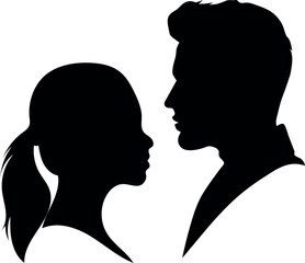 Silhouette of a young woman with a ponytail looking at a man s profile against a white background