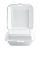 An open white clamshell container, designed for food, on a black background