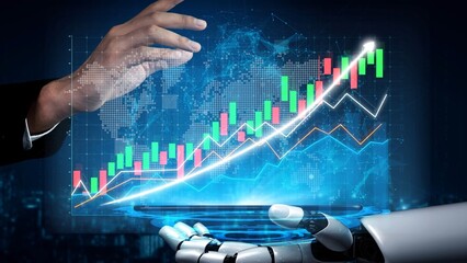 A futuristic scene depicting a robotic hand interacting with financial data on a digital screen. This image represents advancement in technology and automation in finance. Copula