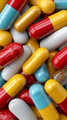 Multiple capsules and tablets of various colors and sizes are displayed on a flat surface, showcasing dietary supplements and vitamins