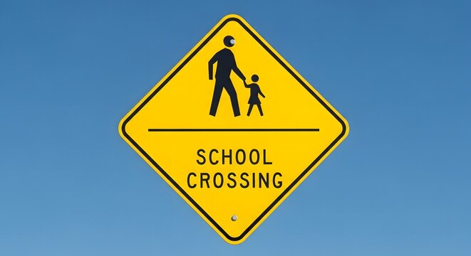 Yellow school crossing sign with a blue sky background on a sunny day - Powered by Adobe
