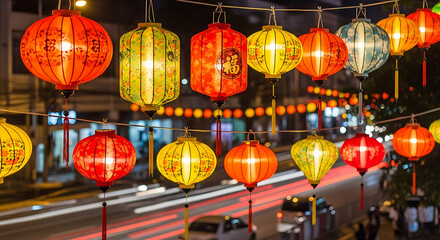 Vibrant chinese lanterns illuminate a city street at night