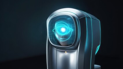 Futuristic AI Robot Head with Glowing Blue Eye on Dark Background.