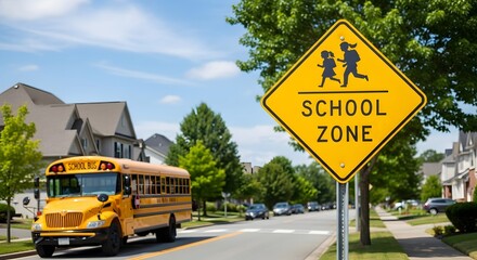 Yellow school bus driving on the road near a school zone sign