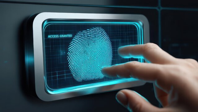 Fingerprint scanner with hand for security access and identification. - Powered by Adobe
