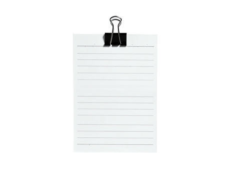 Lined paper held by a black metal binder clip against a solid black background