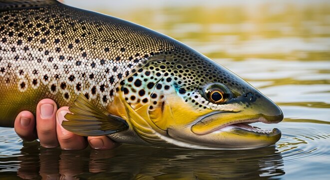 Close up of a brown trout being held in a hand over the water