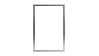Rectangular silver frame, empty center, set against stark black background