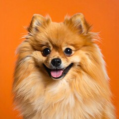 Obraz premium Close-up of a cheerful Pomeranian dog. Orange background. Fluffy coat. Smiling face