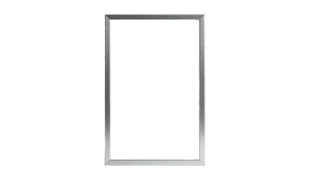 Rectangular silver frame, empty center, set against stark black background