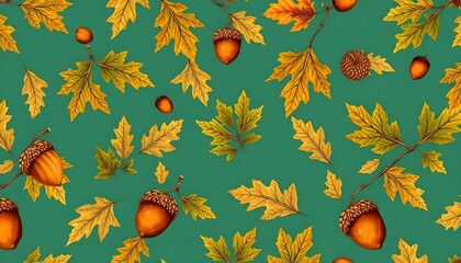 Vibrant seamless autumn pattern with golden oak leaves and acorns on a lush green background. Ideal for fall decor, wrapping paper, and textile designs with a cozy, repeatable style