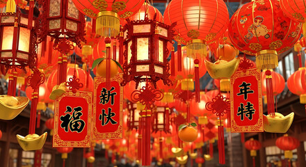Fototapeta premium Vibrant red chinese lanterns illuminated for festive celebration