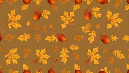 Vibrant seamless pattern with golden oak leaves and acorns on warm autumn background. Perfect for fall decor, wrapping paper, textile designs with cozy, repeatable texture