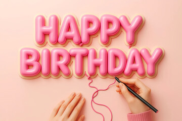 Pink Happy Birthday Text on Pastel Background