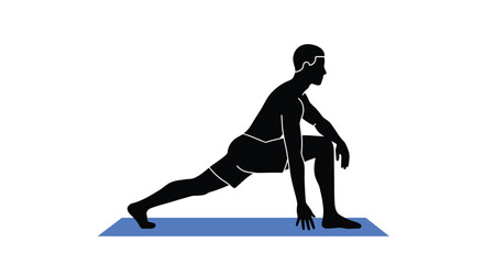 Silhouette of a man performing a lunge exercise on a yoga mat