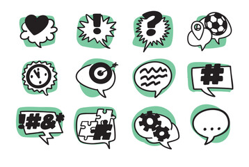 Communication speech bubbles collection. Set of hand-drawn conceptual illustrations. Cartoon style in vector.