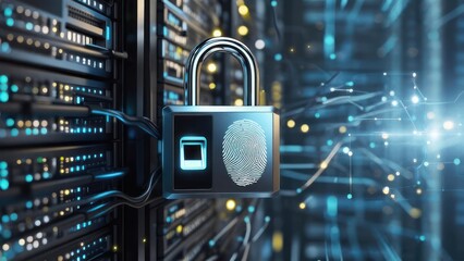 Digital security padlock with fingerprint scan in a server room.