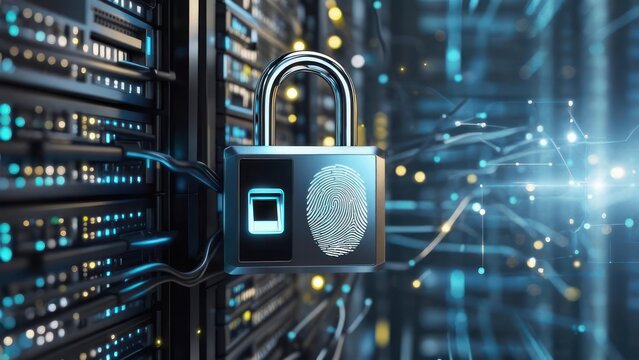 Digital security padlock with fingerprint scan in a server room. - Powered by Adobe