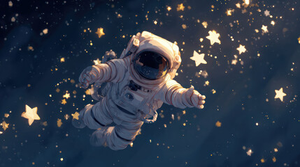 Astronaut floats among bright, glowing stars in the dark, dreamy, swirling cosmos