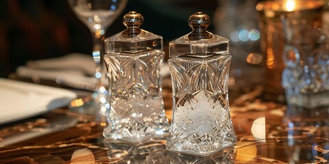 Elegant crystal salt and pepper shakers on a polished table, ready for a fine dining experience.