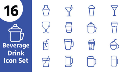 Beverage and Drink Icon Set – Coffee, Juice, Cocktail, and Bar Outline Vector Collection
