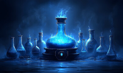 Glowing blue potion bottle with surrounding glass bottles dark fantasy illustration