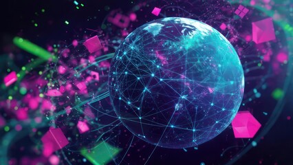 Digital Earth Globe with Network Connections and Abstract Cubes.