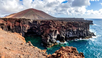 Volcanic coastline with a hidden cove.  Dramatic cliffs, vibrant colors, and a turquoise pool of water nestled in a rugged coastal landscape.  Volcanic formations and waves crashing against the shore