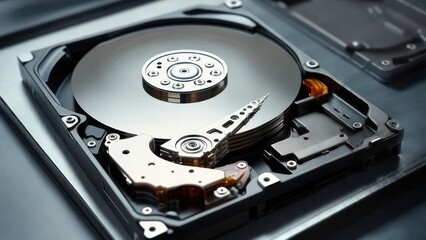 Detailed view of a computer hard drive, data storage device.