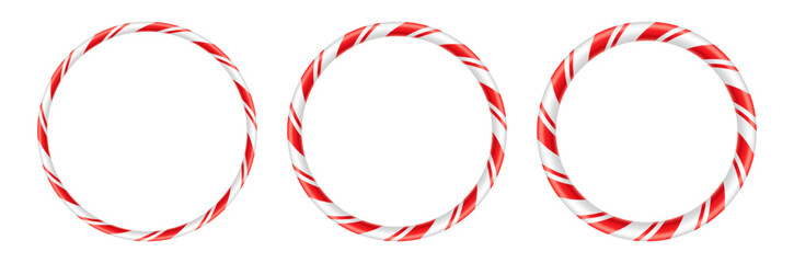Set of realistic circular frames with a glossy, red and white candy cane pattern