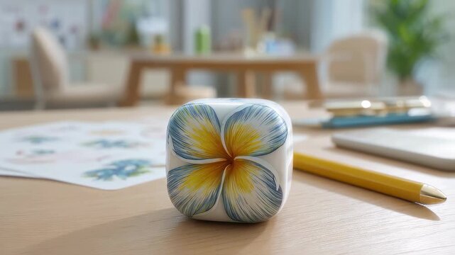 Medium shot of a floralscented eraser resting on a desk the main eraser crisp and vivid with surrounding stationery items gently out of focus to emphasize its delicate scent theme.