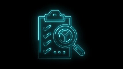 Glowing neon clipboard checklist with magnifying glass inspection icon animation - Powered by Adobe