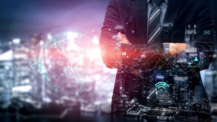 A businessman in a suit poses confidently against a vibrant cityscape at night, surrounded by digital interfaces and global network visuals, symbolizing innovation and leadership. Xenic