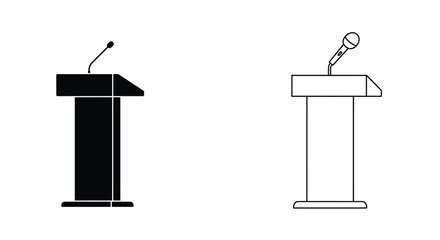 Simple black and white illustration of two podiums with microphones