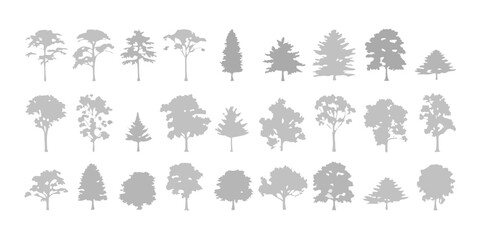 Collection of diverse tree silhouettes in various shapes and sizes on a white background